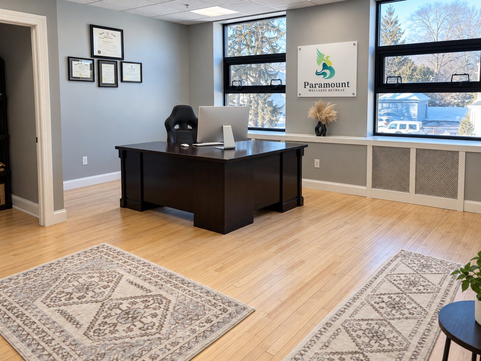 Interior office at Paramount Wellness Retreat in West Hartford with a wall sign, desk and computer